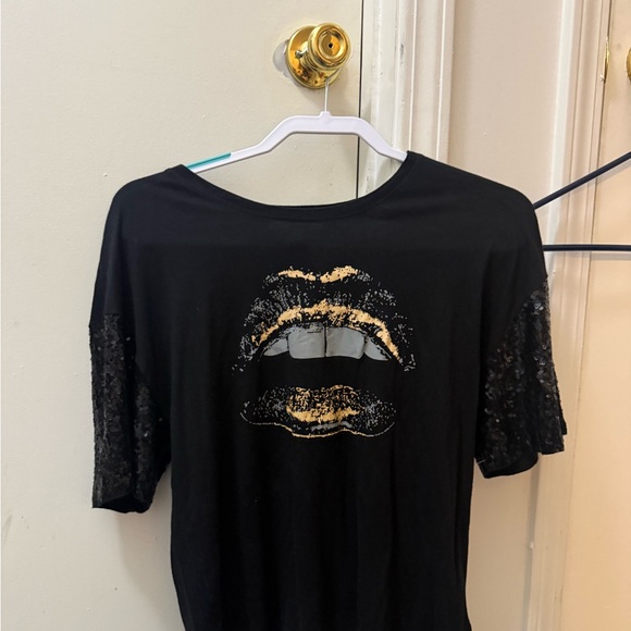 Express Black Sequin Graphic Short Sleeve Tee with Gold Accent Size Small - Picture 3 of 7